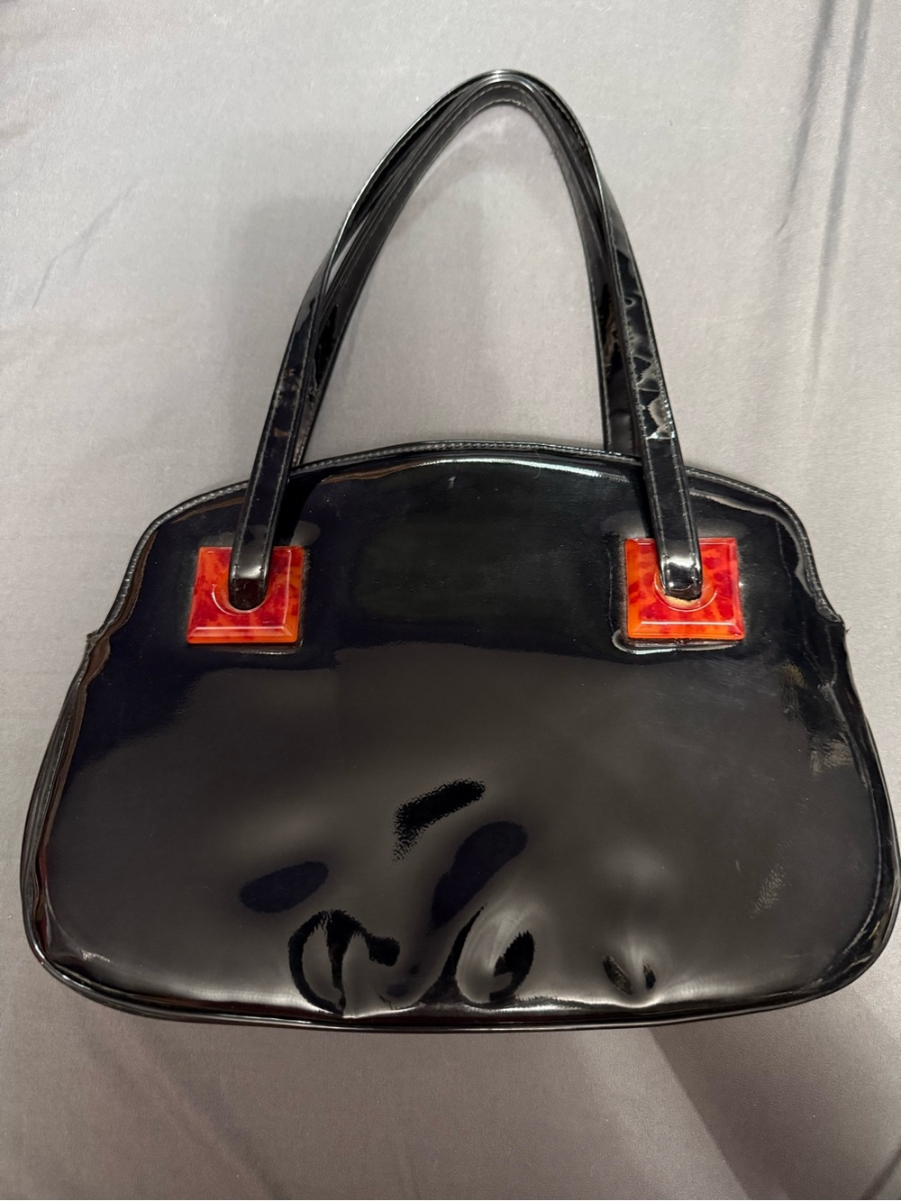 Black Patent Tote Bag with Red Accent Hardware